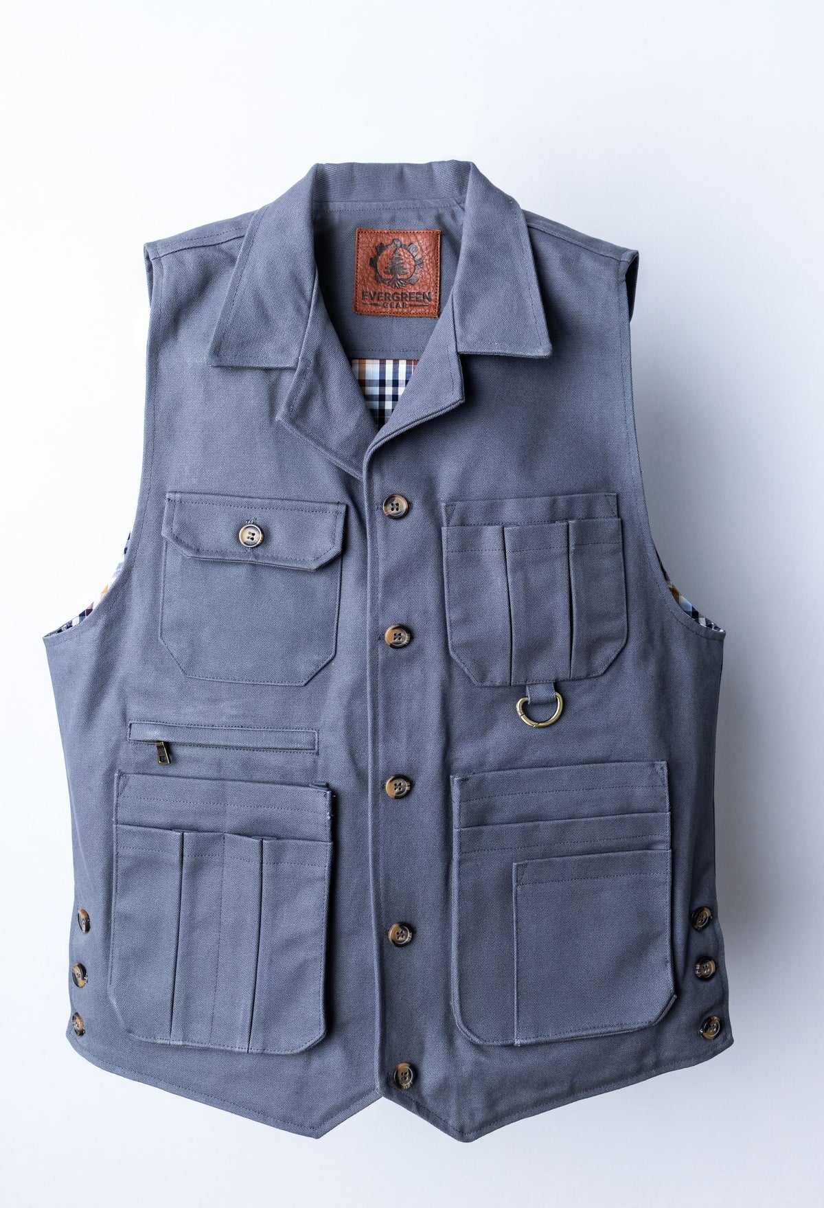 Iron Tradesman grey tool vest with multiple exterior pockets. Duck Canvas. USA made