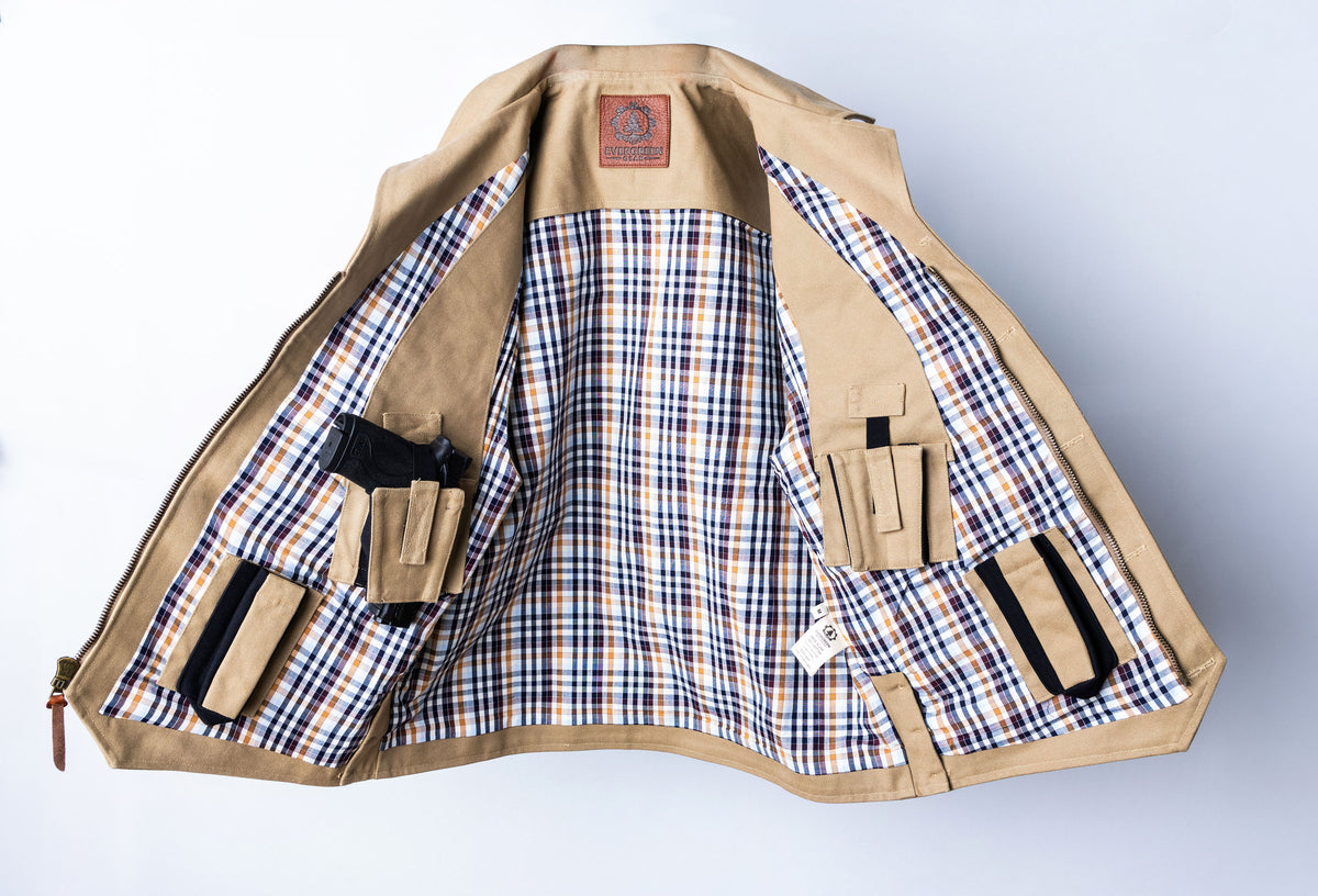 Iron Tradesman khaki vest open interior with plaid lining and concealed carry pockets. Duck Canvas. USA Made