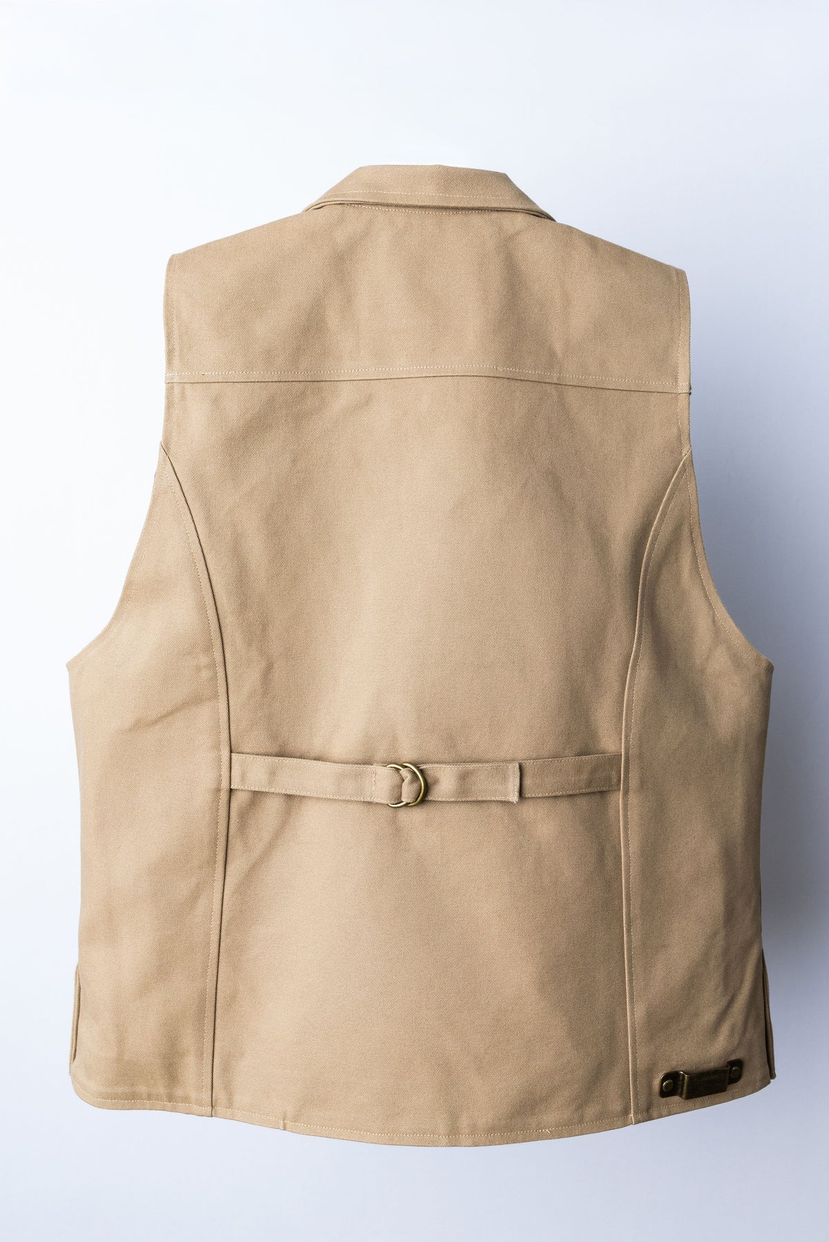 Iron Tradesman khaki tool vest back view with adjustable waist strap. Duck Canvas. USA Made